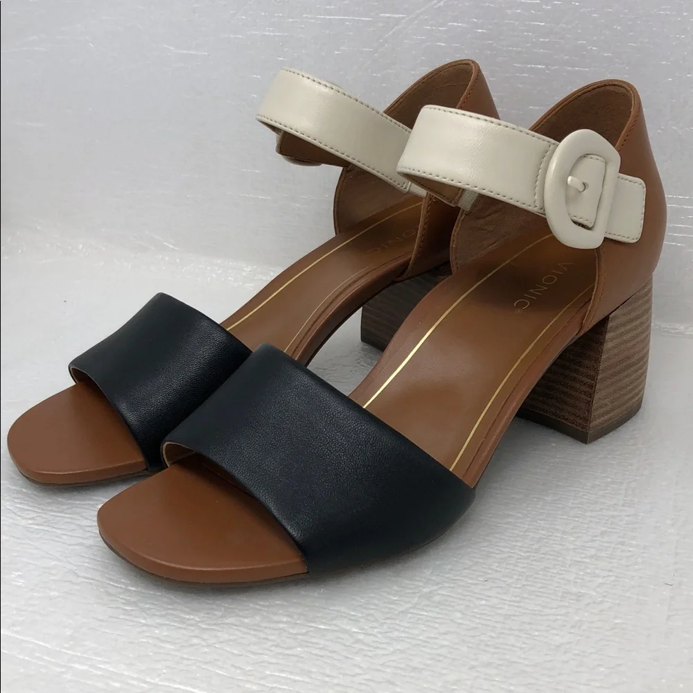 NEW Vionic Heels Chardonnay Tan Black Cream Leather Block Heel Adjustable Strap - Picture 2 of 13